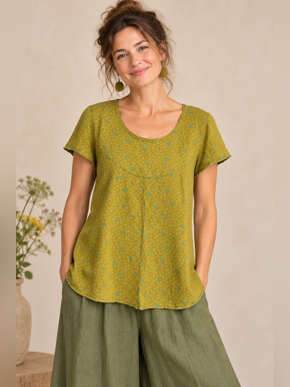Gudrun Sjoden Organic Cotton Floral Tunic T-Shirt Green Yellow L